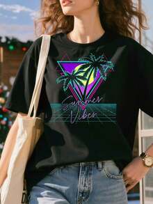 Graphic Print Women's Lightweight Cotton Summer T-Shirt SUMMER-VIBES-Beach-Surf-Retro-80s-Vaporwave-Aesthetic-Style-Oversize T-Shirt Women's Print 100% Pure Cotton - 黑色 - 查看 3