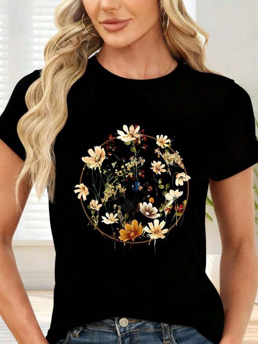 GiftCamiseta de con estampado floral circular para primavera y veranoSoft - Negro - Ver 1