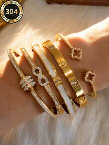Znice 1 Set Stainless Steel Gold Flower Bracelet & Bangle, Hollow Flower Fully Paved Rhinestone, Infinity Love Symbol Fully Paved Design, Suitable For Women Daily Wear, Stacking, Single Wear, Summer Jewelry, Waterproof Beach Vacation Accessory - Gold - View 2