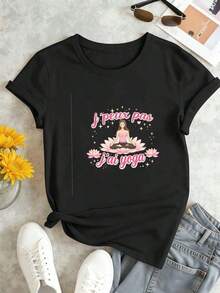 Camiseta casual de mujer con estampado de yoga, 100% algodón, estampado artístico, estilo hip-hop urbano, transpirable. - Negro - Ver 2