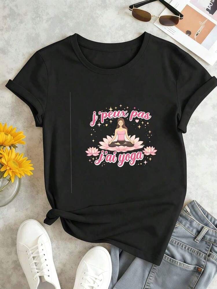 Women's Casual T-Shirt With Yoga Print, 100% Cotton, Artistic Print, Urban Hip-Hop Style, Breathable. - 黑色 - 查看 2