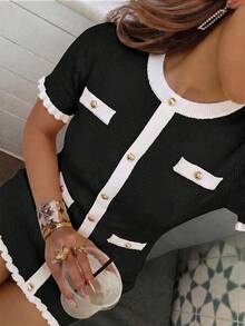 Vestido elegante de primavera/verano para mujer con botones metálicos de color contrastante, combinado con una chaqueta blazer con volantes en el bajo y una falda amarilla. Diseño con botones delanteros, adecuado para ir a trabajar, citas diarias y sesiones de fotos. - Blanco y Negro - Ver 4