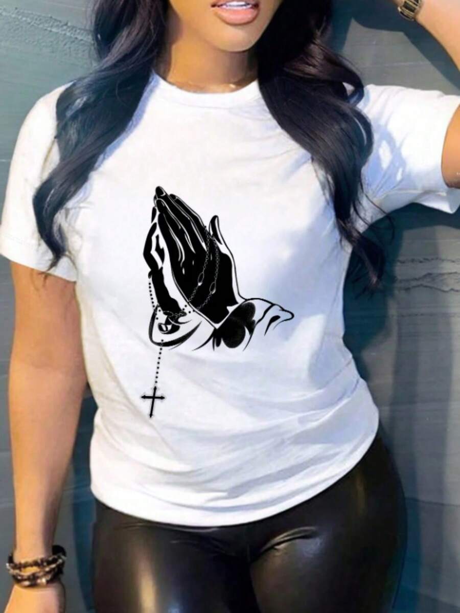 Women's Short-Sleeved T-Shirt With Round Neck, Comfortable And Breathable; Women's Casual Wear, Versatile Garment; Aesthetic Design With A Print Of Praying Hands And A Rosary, Fully Showcasing Feminine Fashion; Diverse Styles, Easy To Match With Different Types Of Fashion. - 白色 - 查看 1