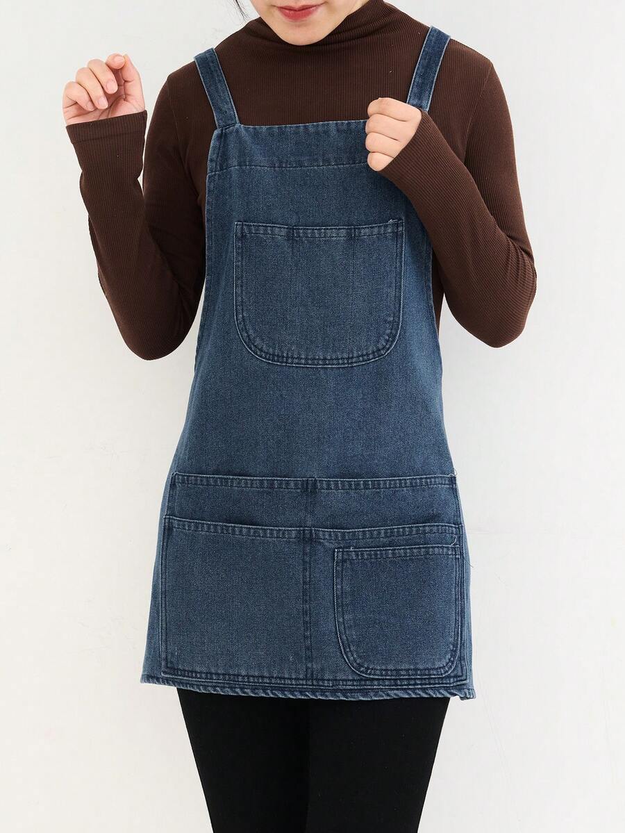 1pc Short Denim Apron, Adult Minimalist Work Uniform, Breathable Durable Catering, Floral, Art Apron For Men & Women, Suitable For Work, Housework - Short Denim Apron - View 1