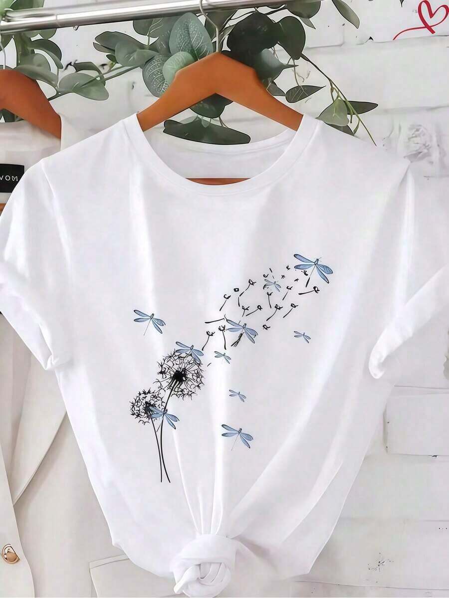 ropa de mujer 1pc Ropa de mujer Camiseta blanca con estampado de libélula y diente de león, Camisas, Top blanco, Camisetas gráficas para mujer, Camiseta casual unisex de cuello redondo, Tejido de punto ligero, Lavable a máquina, Para primavera/verano/otoño, Navidad, Día de San Valentín, Día de la Madre, camisas de mujer