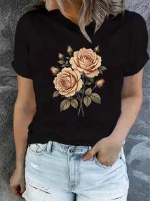 Diseñada para mujeres modernas, elegantes y cómodas, esta camiseta estampada de manga corta para el verano es a la moda y casual, con un ajuste cómodo y lavable a máquina y un estampado plan - Negro_02 - Ver 8