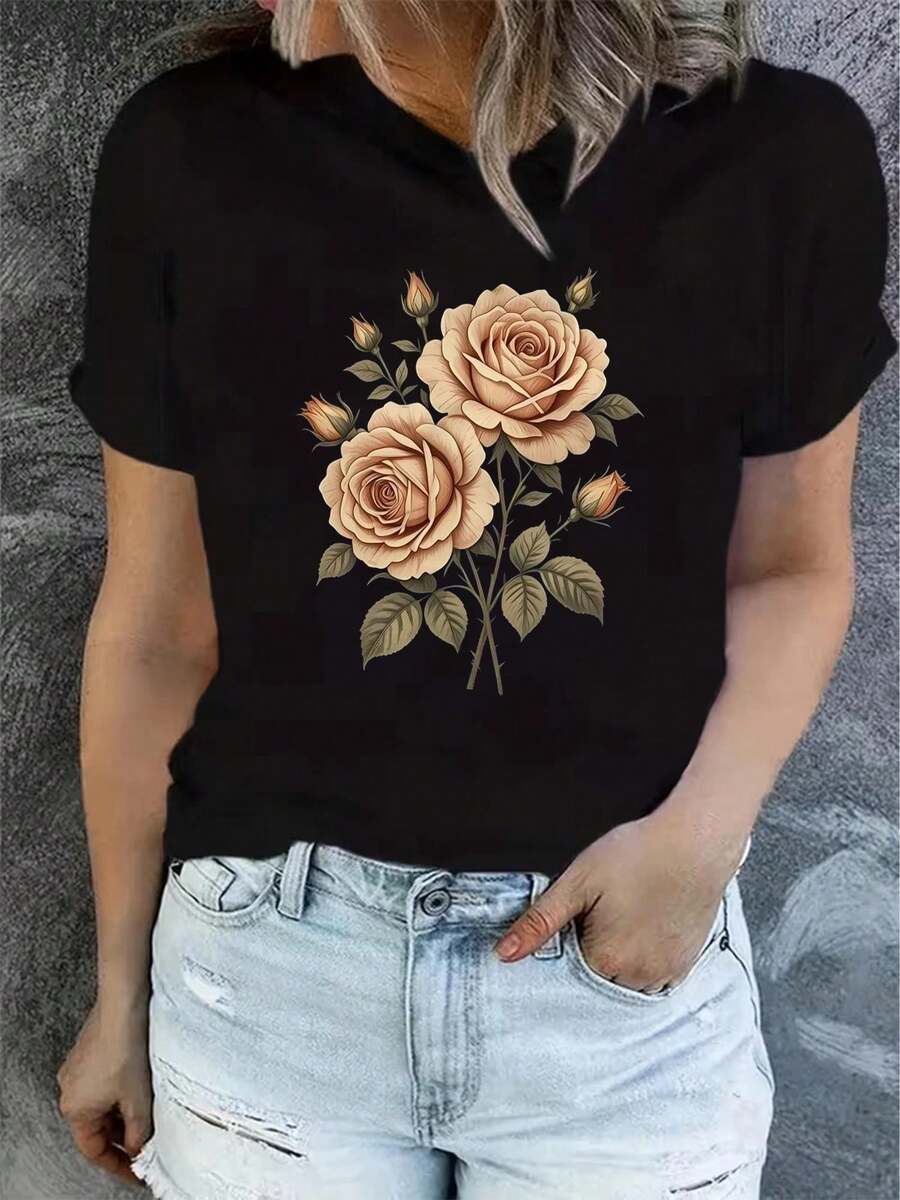 Designed For Modern, Stylish, And Comfortable Women, This Short-Sleeved Printed T-Shirt Is Fashionable And Casual, With A Comfortable Fit, Machine Washable, And A Flat 2D Print. Made From Premium Soft And Breathable Fabric, It's Designed For All-Day Comfort And Versatile Everyday Wear, Perfect For Casual Outings. - 黑色_08 - 查看 1