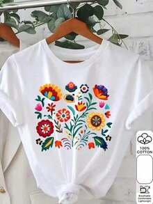 Nueva camiseta de manga corta con cuello redondo para mujeres, diseño primavera-verano, con estampado moderno y minimalista de flores que combina perfectamente, transpirable y absorbe la sudoración. Envío directo desde nuestro almacén local, modelo para parejas, ideal para llevar en pareja. - Blanco - Ver 2