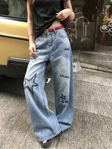 高腰女式休闲牛仔裤，带星星、字母刺绣、口袋、拉链和纽扣开合，适合日常穿着和约会，四季皆宜 - 藍色 - 查看 1