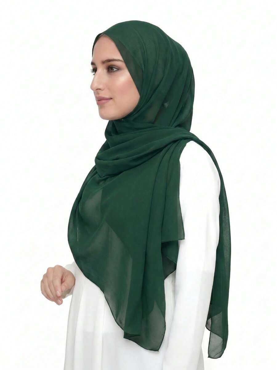1pc Women's Solid Color Chiffon Square Scarf, Casual Scarf Suitable For Daily Use, 110*110cm,Travel Essential,Beach Towel - Green - View 1