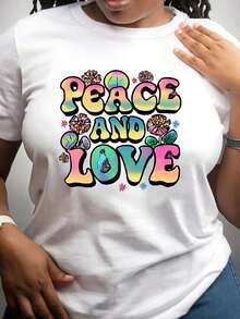 Plus Size Women's T-Shirt, Retro Hippie Style Printed T-Shirt, Versatile Top For Everyday Wear, Casual Short Sleeve Women's Clothing, Suitable For Daily Wear And At Home, Casual Short Sleeve T-Shirt For Women, Short Sleeve T-Shirt. - 白色 - 查看 4