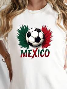 Camiseta Casual de Manga Corta con Diseño de Balón de Fútbol y Orgullo Mexicano, Perfecta para Primavera y Verano, Diseñada para Mujeres - Blanco - Ver 7
