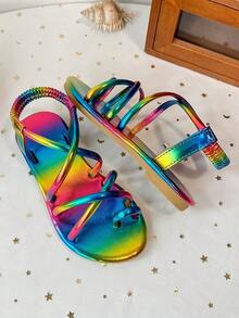 Giày sandal đế bằng quai ngang ánh kim cho trẻ em, quai ngang co giãn, hở mũi, giày casual mùa hè. - Nhiều màu - Xem 4