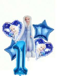 6pcs Authorized Frozen Princess Blue Style Girls Birthday Party Balloon Set Decoration, Including Blue And White Balloons, Birthday Party Decorations, Birthday Wishes Balloon Combo, Foil Balloons, 18 Inch Patterned Round, Heart And Star Foil Balloons, Suitable For Birthday Growth Ceremony Party Wall Decor Background - View 3