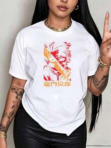 Under The Radar Crew Neck Funny Print T-Shirt With Red Demon Face Print, Inspired By Anime And Manga, For Women And Men, Unisex, Black, Casual, Suitable For Party Gifts - Urban Vintage Style, Unisex, Loose Fit, Cotton, Short Sleeve, Crew Neck. - 白色 - 查看 7