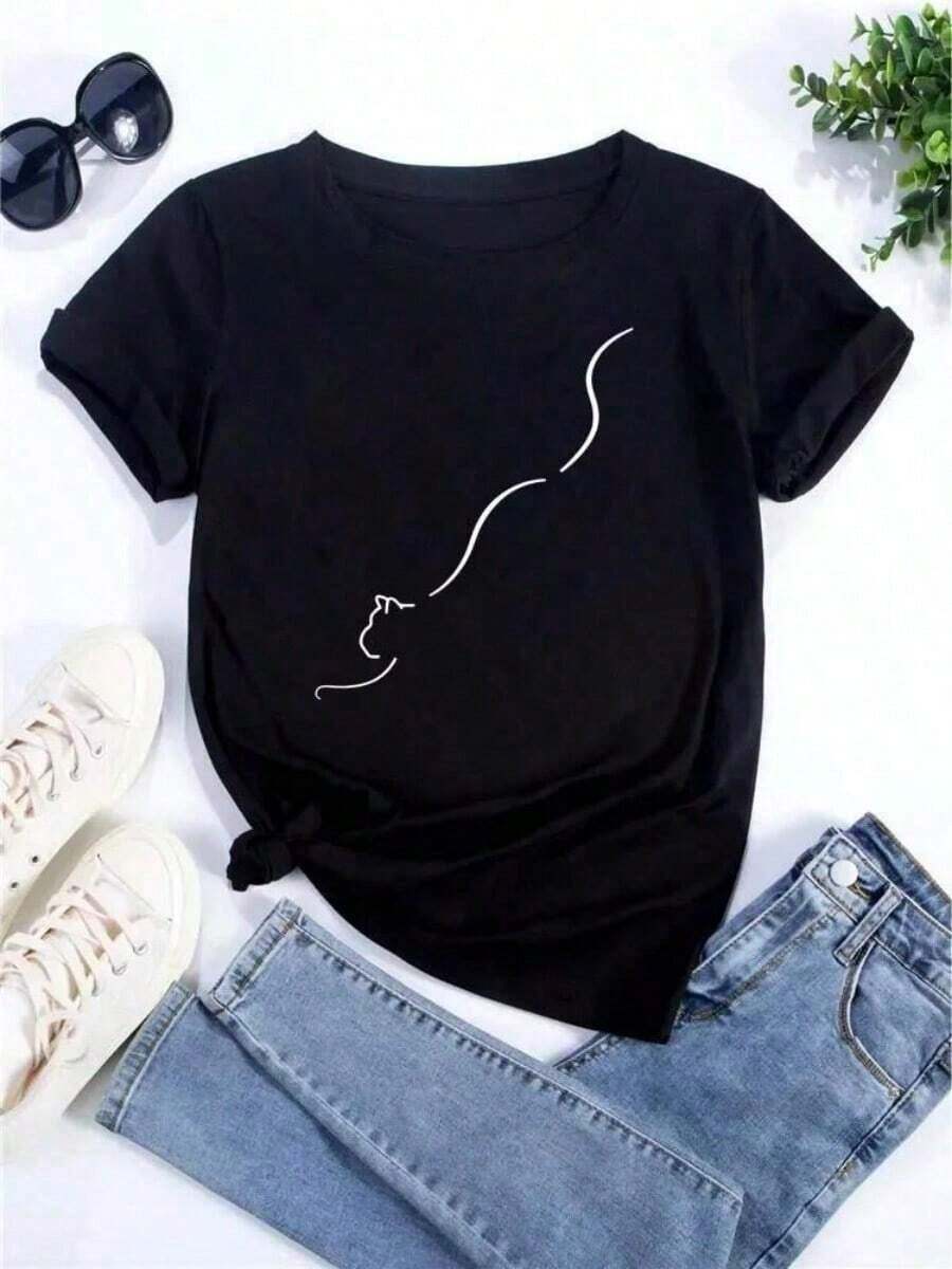 Camiseta Personalizada con Estampado CutewithLoveHole para Mujer, Camiseta Casual de Manga Corta, Ropa de Verano con Estampado de Dibujos Animados, Estilo Urbano Minimalista, Ropa Casual, Estilo Vintage Y2k, Unisex, Camiseta Holgada de Algodón de Manga Corta con Cuello Redondo - Negro - Ver 1