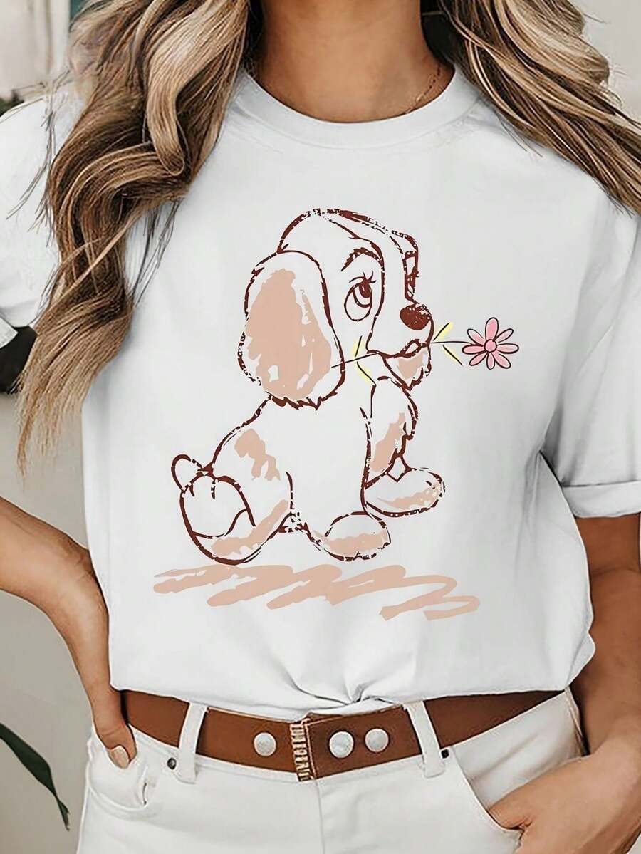 Camiseta de Mujer con Motivo de Círculo y Lazo - Manga Corta, Cuello Redondo, Blusa Casual de Tejido Elástico Medio, Corte Relajado para Primavera y Verano, Estilo Neutro Lavable - Negro - Ver 1