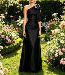 Elastic Satin Asymmetric Neck Fitted Cocktail Dress - Black - View 1
