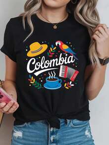 Camiseta de Manga Corta con Temática Colombiana y Gráficos de la Cultura Colombiana (Café, Loro, Sombrero Amarillo, Acordeón) - Ropa Casual de Verano para Viajes, Estilo Vaquero Azul Desgastado - Corte Corto para & - Lavable a Máquina, Esencial de la Moda Colombiana - Negro - Ver 6