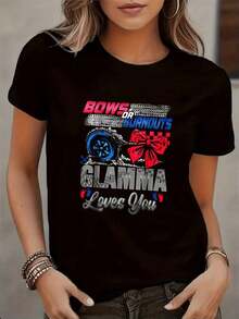 Bows and Burnouts Glamma Loves You - Camiseta Casual de Cuello Redondo para Mujer, Regalo para Fanáticas de las Animadoras y Abuelas - Negro - Ver 3