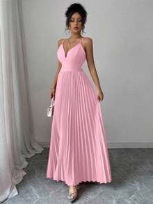 Vestido largo de mujer de unicolor, minimalista y casual con tirantes finos, espalda descubierta y lazo - Rosa - Ver 3