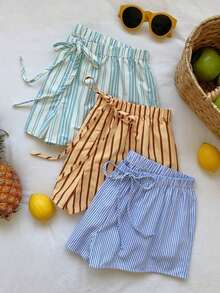3 pantalones cortos sueltos y casuales con cintura de atar para mujer - Multicolor 12 - Ver 8