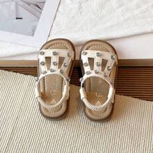 1 đôi sandal kiểu La Mã đính đá cho bé gái, giày công chúa dễ thương cho trẻ em, sandal đế mềm chống trượt cho bé gái, sandal mùa hè - Màu be - Xem 1