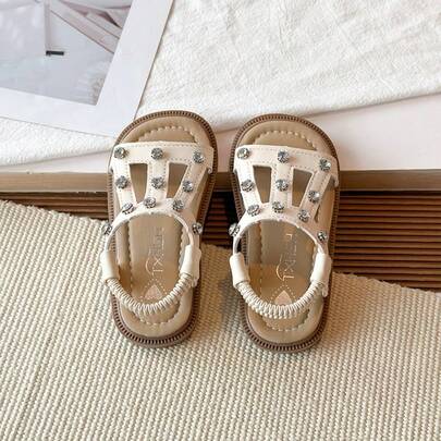 1 Pair Girls' Rhinestone Roman Style Sandals, Children's Sweet Princess Shoes, Toddler Soft Bottom Non-Slip Strap Sandals, Summer