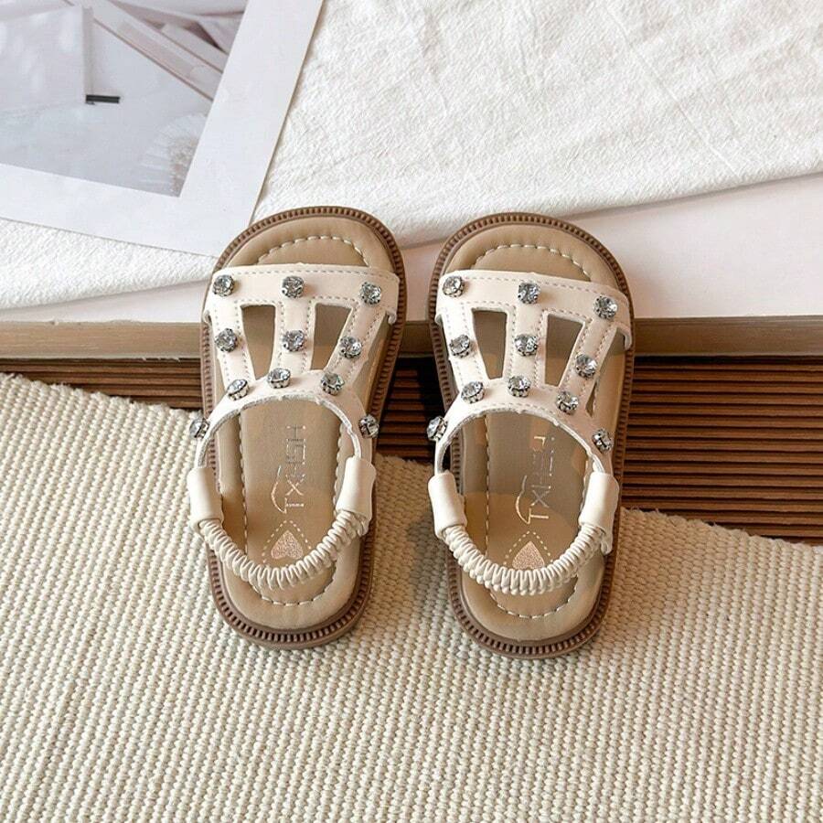 1 đôi sandal kiểu La Mã đính đá cho bé gái, giày công chúa dễ thương cho trẻ em, sandal đế mềm chống trượt cho bé gái, sandal mùa hè - Màu be - Xem 1