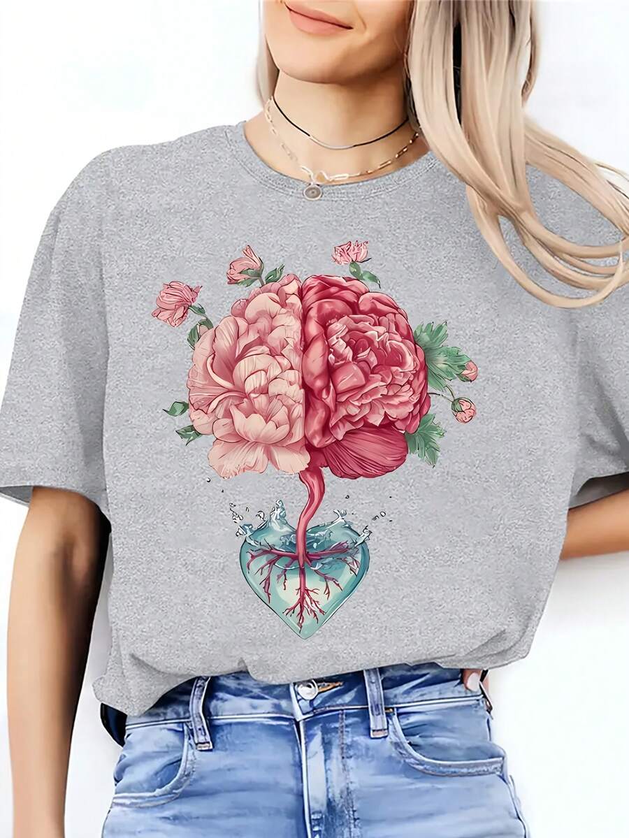 Camiseta con estampado de corazón y diseño floral del cerebro humano - Gris - Ver 1