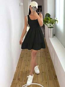 Vestido casual de mujer de unicolor con volantes en el bajo, para verano - Negro - Ver 7