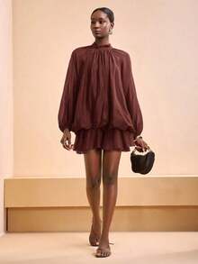 Nuevo vestido mini elegante y glamoroso para mujer con mangas largas de farol, plisado, multicapa y volantes, en color marrón, adecuado para Navidad, Año Nuevo, viajes diarios, festivales, compras, viajes, brunch, ropa de aeropuerto, fiestas, citas, regreso a la escuela, casual, reuniones anuales - Burdeos - Ver 5