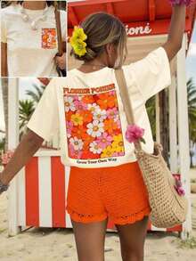 Short-Sleeved T-Shirt With Floral Print, Casual White Summer Holiday Wear, Women's Oversized Vintage Graphic T-Shirt Cotton - 杏 - 查看 7