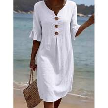 Women's Cotton Linen V-Neck Dress, Button Front Ruffle Sleeve Dress, Casual Summer Outfit - 白色 - 查看 2