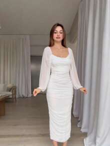 New Women's Dress Spring 2026, With Pleats, Solid Color, Fitted Waist, Elegant And Fashionable. - 白色 - 查看 2