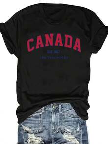 Talla Grande - Talla Grande - Camiseta de Mujer Roja con Estampado de Letras CANADA, Cuello Redondo, Talla Grande - Negro - Ver 5