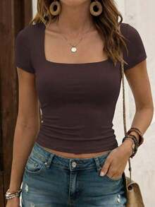 Camiseta de manga corta ajustada y sexy con cuello cuadrado de punto de unicolor para mujer Vaiaye, top de activewear para primavera/verano, adecuado para el Día de San Valentín en color rojo casual - Marrón - Ver 5