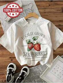 Women's T-Shirt With "Locally Grown Strawberry" Print - Vintage Casual Style, Round Neck, Short Sleeve, Machine Washable, Casual Fashion, 100% Machine Washable, Casual Wear, Casual Style, Y2K Series - 白色 - 查看 2