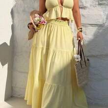 SunnyBelle 2pcs Solid Color Sexy Minimalist Vacation Style Halter Neck Loose Long Skirt Set, Elegant Beach Skirt Set Butter Yellow Two Piece Set Vacation Outfits Woman Skirt Set Maxi Skirt Two Piece Set Summer Skirt And Top Set - Amarillo - Ver 1