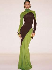 Vestido ajustado de cintura alta en combinación de colores, moderno y creativo para la calle - Verde - Ver 7