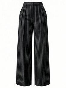 Pantalones anchos de pierna ancha de color café oscuro de moda minimalista para mujeres, pantalones de tela marrón de pierna ancha para el trabajo, pantalones de tiro alto de pierna ancha marrón para mujeres, pantalones de traje marrón para otoño/invierno - Negro 3 - Ver 3