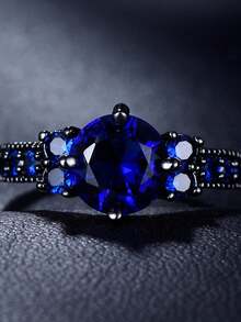 1pc Gothic-Style Black Round Cubic Zirconia Wedding Ring - Royal Blue - View 2
