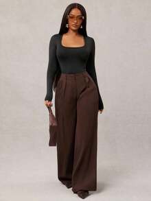 Pantalones anchos de pierna ancha de satén negro sueltos y minimalistas modernos para mujer, pantalones largos de oficina, pantalones anchos negros, pantalones anchos de cintura alta, pantalones de traje negros, pantalones largos de satén, pantalo - Café integral - Ver 4