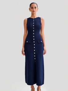 Vestido de punto ajustado sin mangas de cuello redondo de nueva colección - Azul - Ver 3