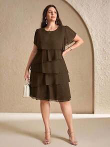 Reflora Vestido de moda con cuello redondo, mangas con volantes y estampado floral para mujer de talla grande - Marrón - Ver 5