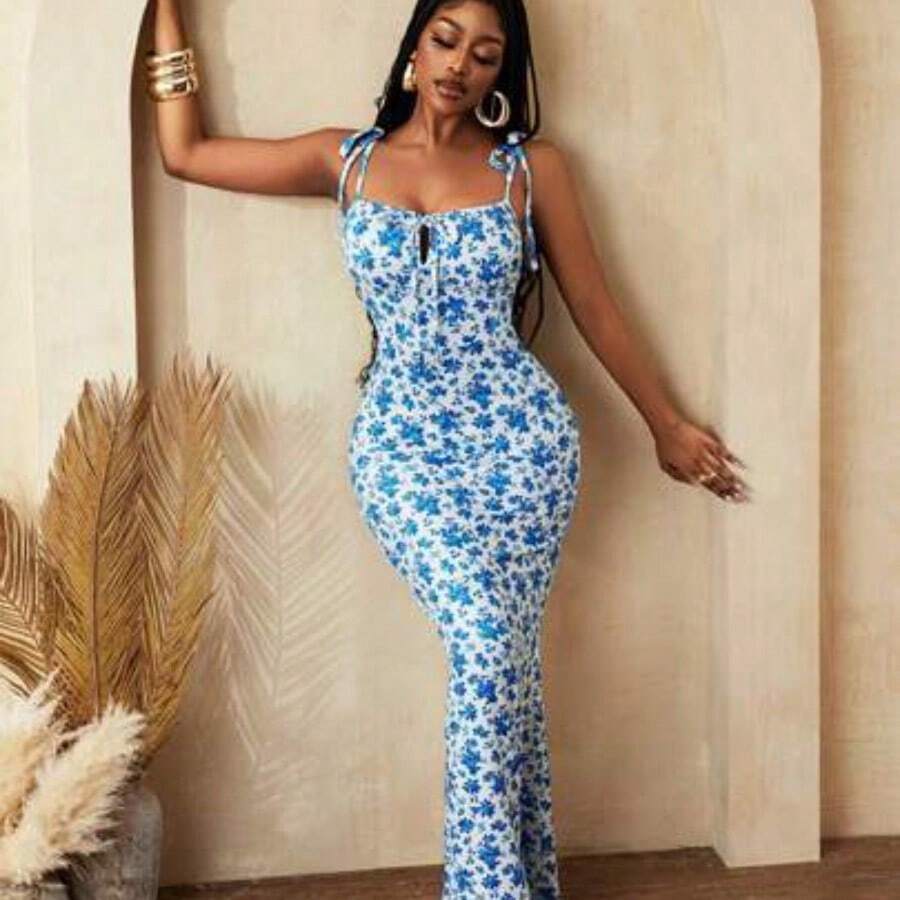 BamGlam Women Floral Print Bodycon Sexy Fashion Elegant Party Vacation Festival Summer Dress - Azul - Ver 1