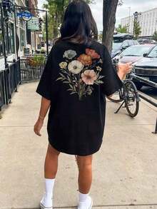 Camiseta de talla grande con estampado floral de verano - Negro 4 - Ver 3