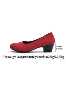 女款大尺碼高跟鞋，超寬版與超大版，舒適淺頭軟底粗中跟一腳蹬鞋 - 紅色 - 查看 9