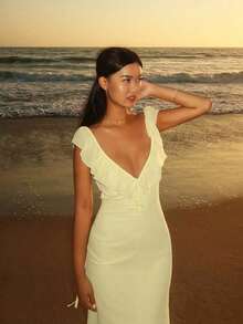 Fashionable Fitted Dress For Women With Sexy Ruffles And Laces - Yellow - View 2