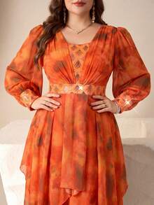 SUPGIR [Random Cut] Square Collar Lantern Sleeve Luxury Sequin Patchwork Decor Multi-Color Chiffon Evening Gown Dress - Orange - View 2
